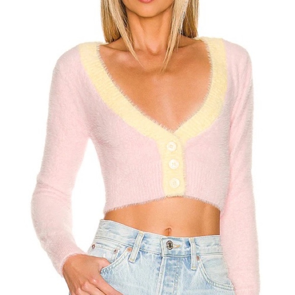 For Love and Lemons Sheila Fuzzy Pink and Yellow Button-Up Crop Cardigan size S